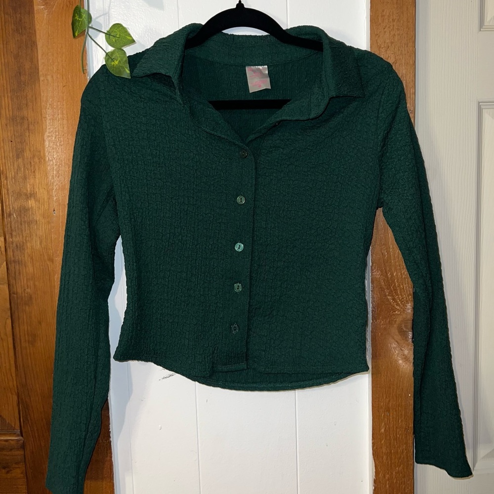 No Boundaries Green Ribbed Button Up Long Sleeve